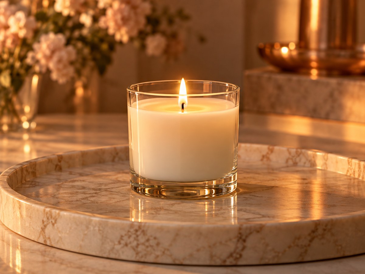 A warm candle glow on marble, setting the mood for a self-care soundtrack