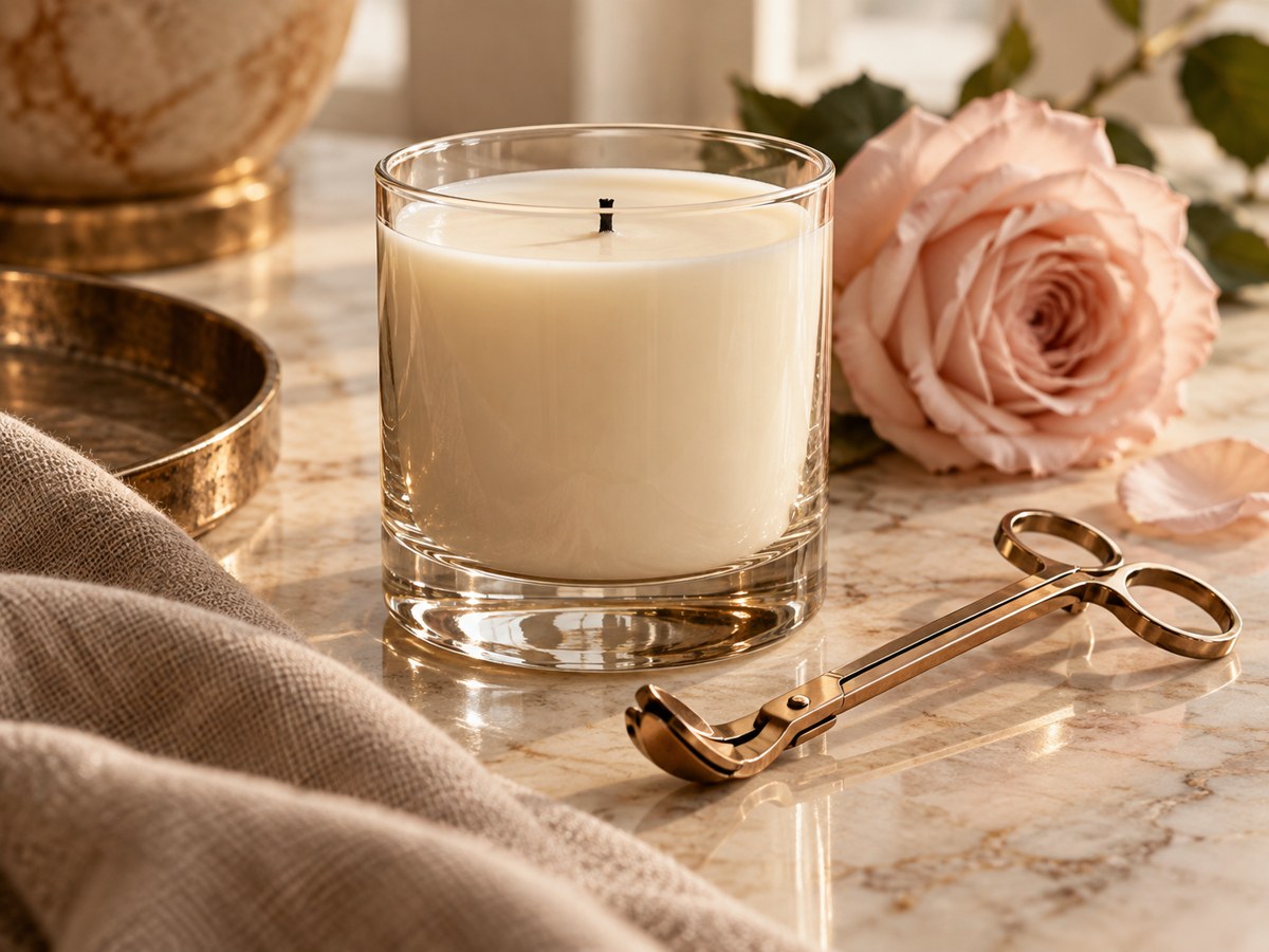 An unlit glass candle and bronze wick trimmer on cream marble